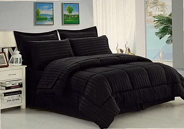 21RW-KING-8PC Stripe Comforter-Black Wrinkle Resistant - Luxury Silky Soft Dobby