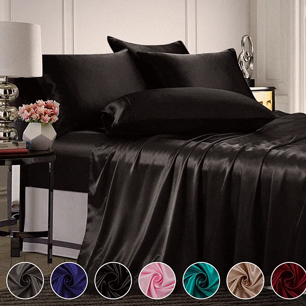 4 Pcs Smooth Satin Silk Sheet Set Deep Pocket Bed Sheet Wrinkle Fade Resistant
