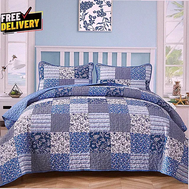 Blue Boho Quilt Set King Size 3 Pieces Plaid Floral Bedspread Coverlet Set