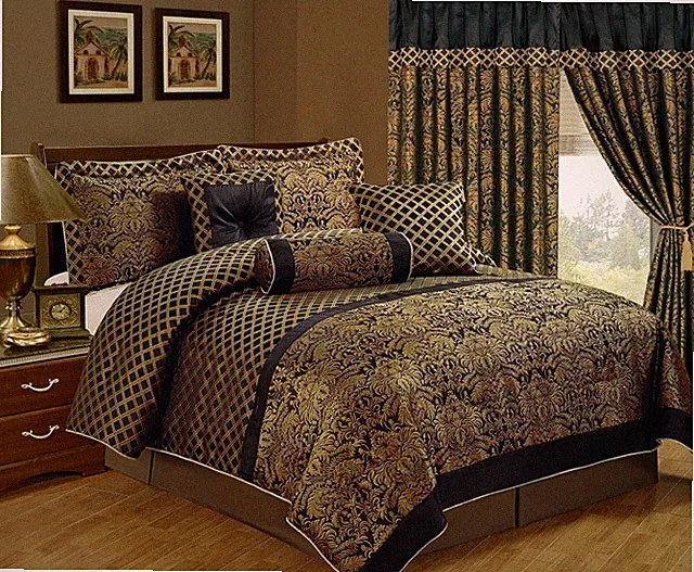 Chezmoi Collection Lisbon 7-Piece Black/Gold Jacquard Floral Comforter Set