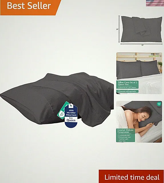 Elegant 2-Piece Queen Pillowcase Set - Wrinkle Resistant, Soft Grey Microfiber