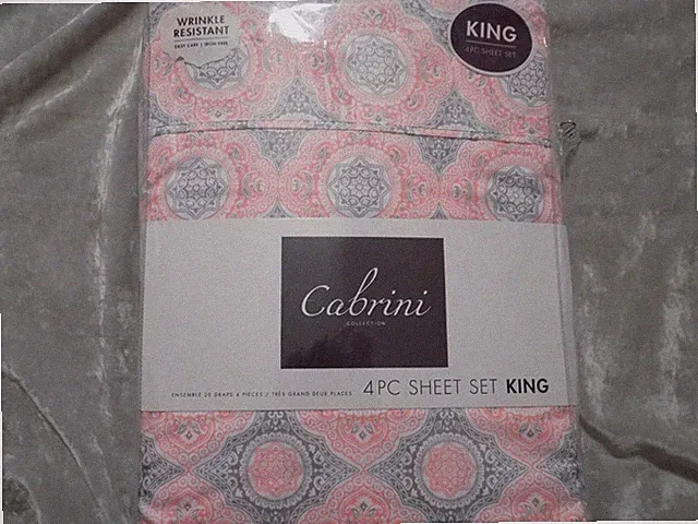 King 4 pc Sheet Set Bedding Sleep Gray Pink Wrinkle Resistant Patterned NEW!