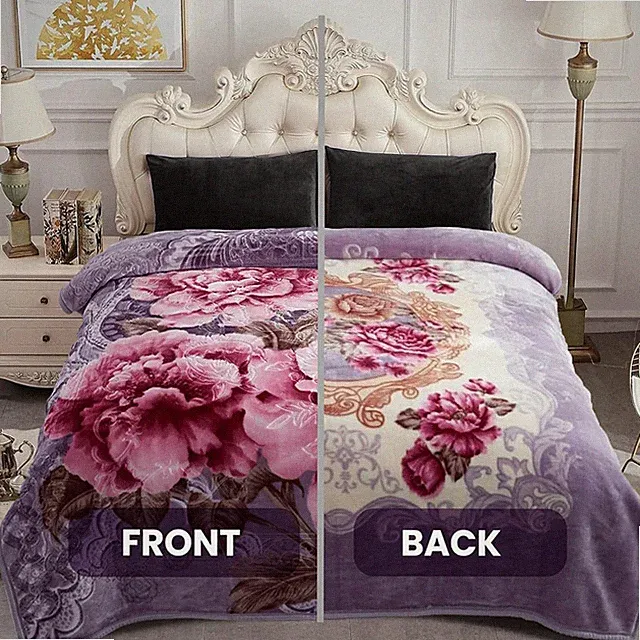 Luxurious Reversible Korean Mink Blanket - King Size Peony Print, Soft & Warm