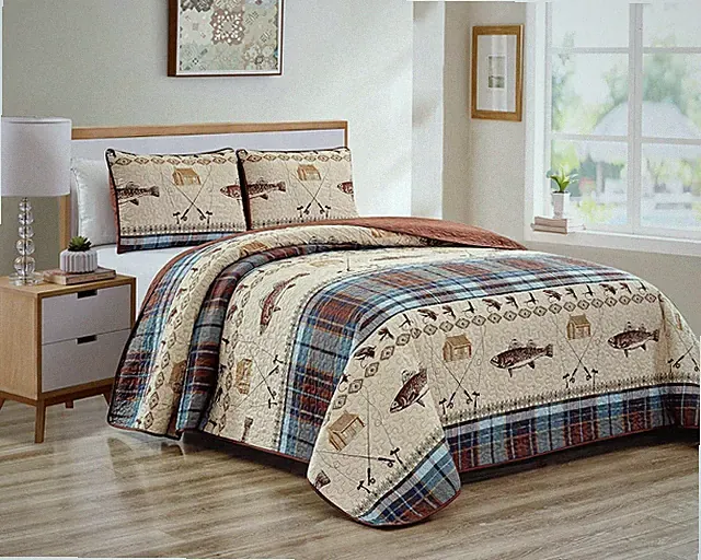 River Fly Fishing Themed Rustic Cabin Lodge Quilt Stitched Bedspread Bedding Set