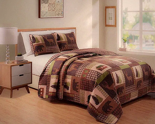 Rustic Western Lodge Quilted Plaid Reversible Bedspread Set with Wildlife Imager