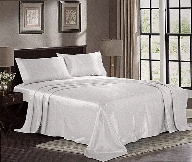 Satin Sheet Set Silky Microfiber Deep Pocket Fitted Sheet+Flat Sheet+Pillow Case