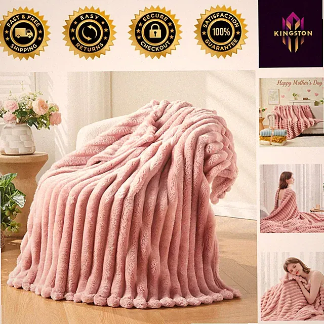 Soft Reversible Flannel Throw Blanket - Elegant Pink Ribbed Design (50x60)
