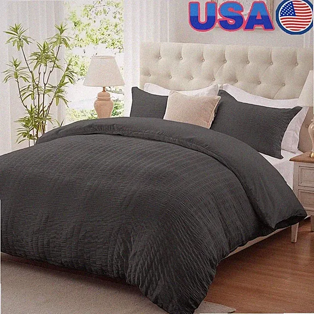 Wrinkle Resistant Seersucker Duvet Cover Set W/ Zipper Closure & Pillow Shams US
